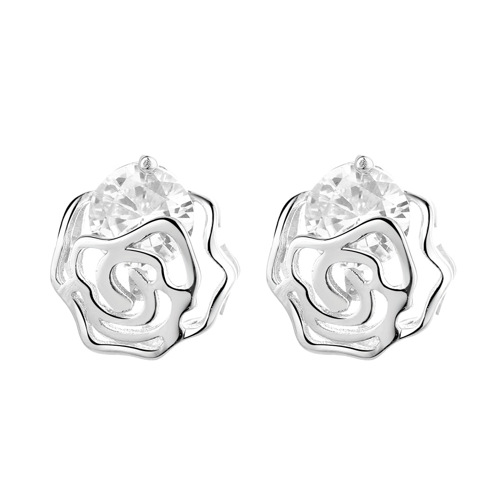 14K Rose or Sterling Silver Caged Rose Stud Earrings with Floating Crystals