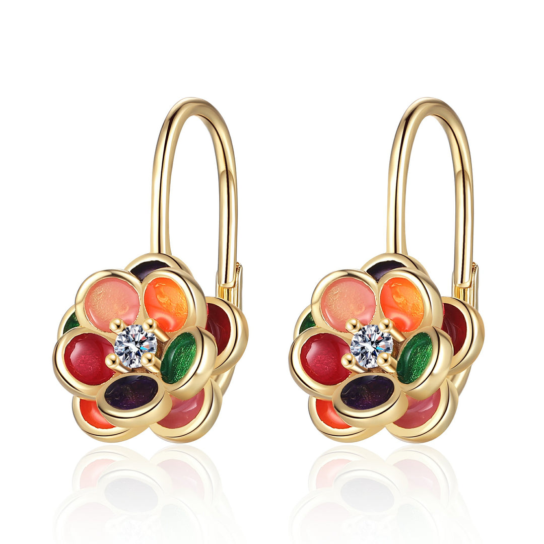 14K Gold and Genuine Crystal Floral Leverback Earrings