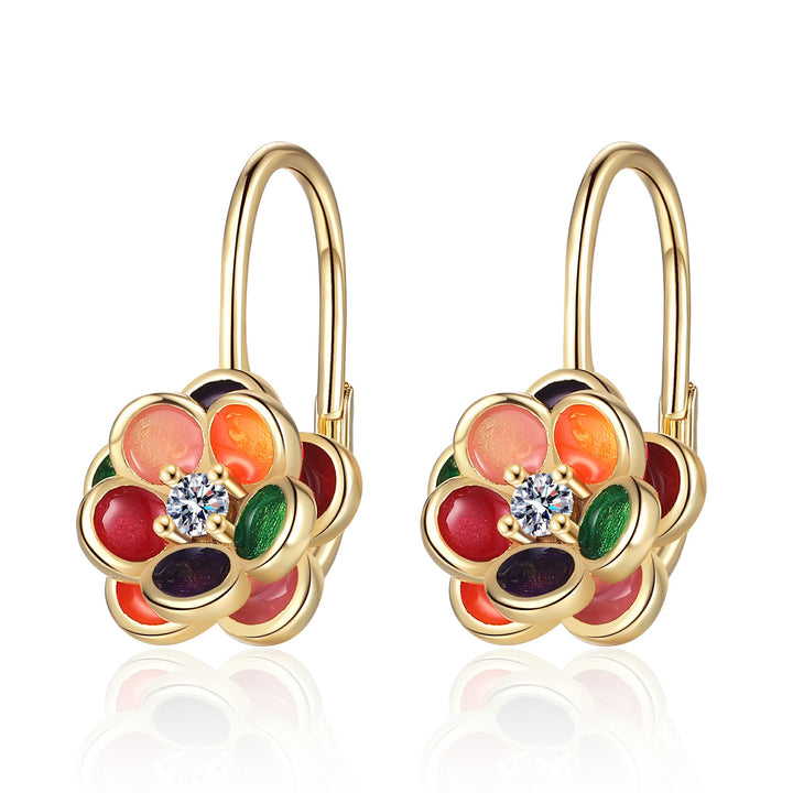 14K Gold and Genuine Crystal Floral Leverback Earrings