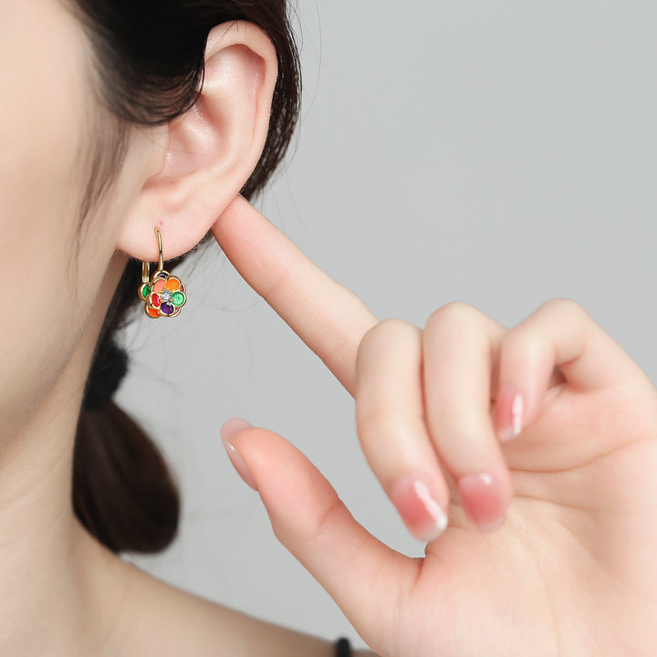 14K Gold and Genuine Crystal Floral Leverback Earrings