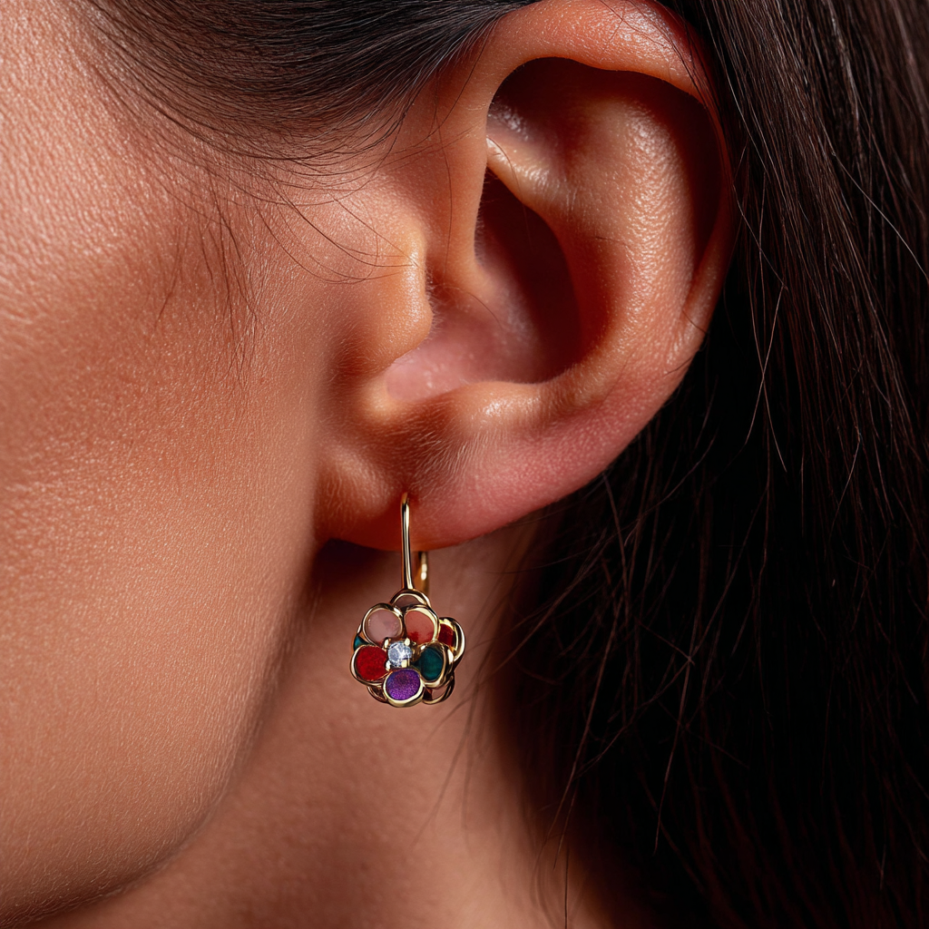 14K Gold and Genuine Crystal Floral Leverback Earrings