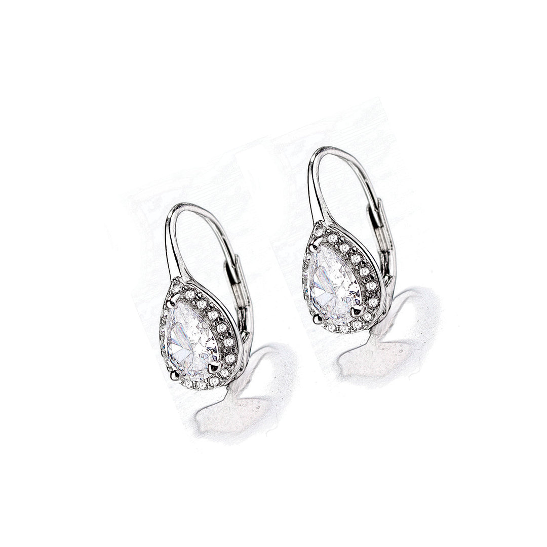 Sterling Silver Pear Omega Lever-back Halo Earring