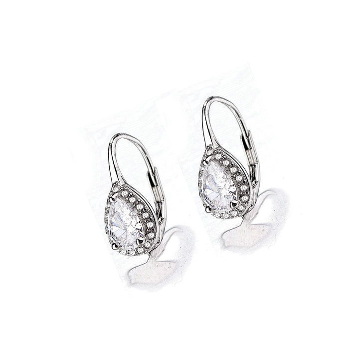 Sterling Silver Pear Omega Lever-back Halo Earring