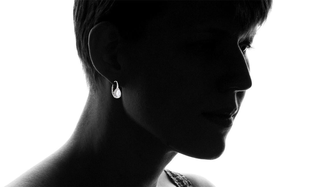 Sterling Silver Pear Omega Lever-back Halo Earring
