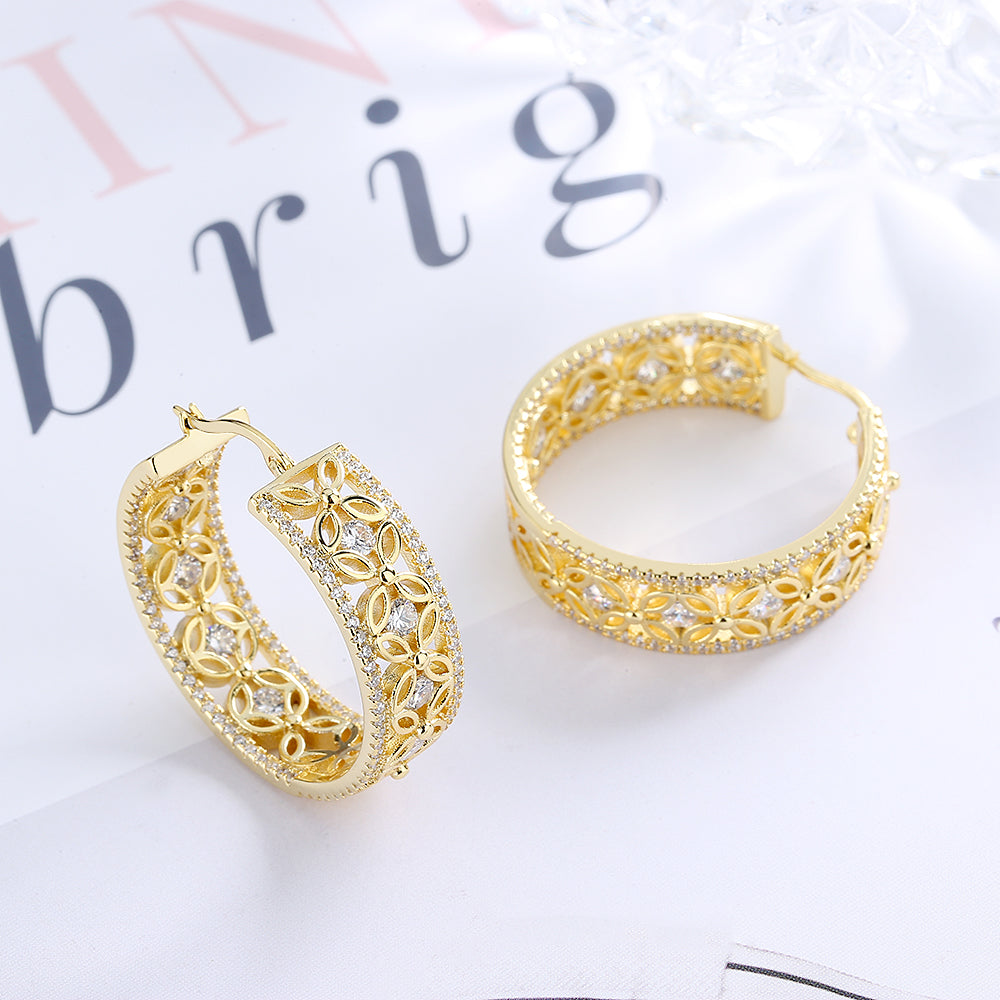 14K Gold Filigree Flower Hoop Earring with crystals from Swarovski