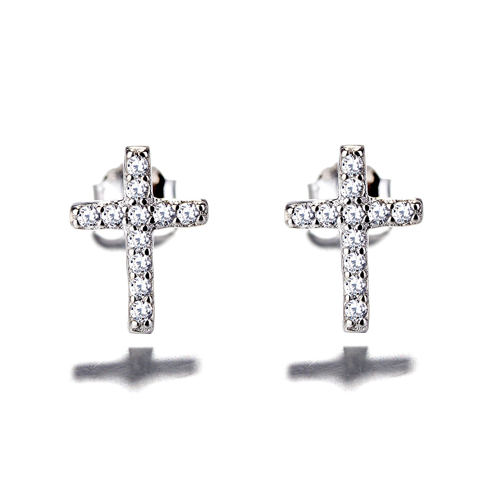 Sterling Silver Dainty Cross Earrings With Swarovski Crystals