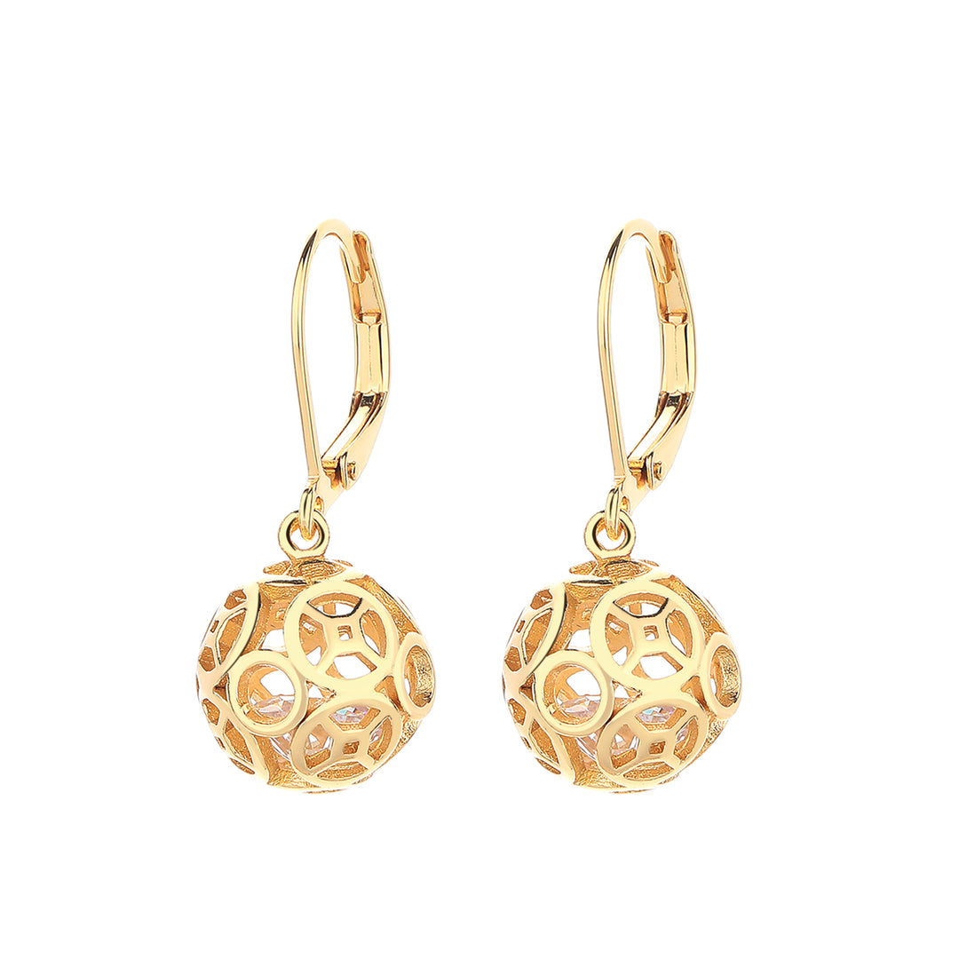 14K Gold Filigree Ball Leverback Drop Earrings