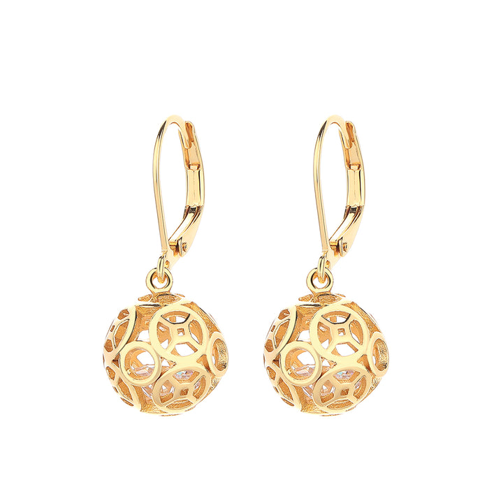 14K Gold Filigree Ball Leverback Drop Earrings