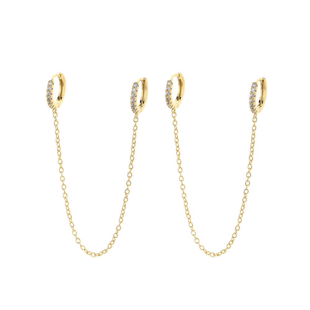 14k Gold and Sterling Silver Double Huggie Chain Earrings with Crystals