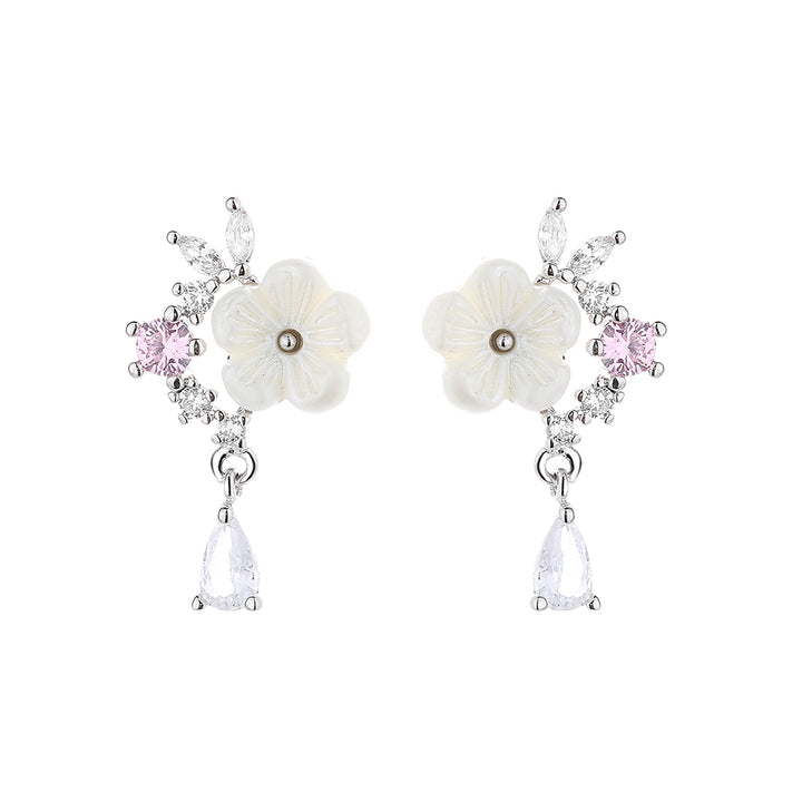 14 K Rose Gold And Sterling Silver and Pink Cat's-Opal Eye Flower Drop Earrings