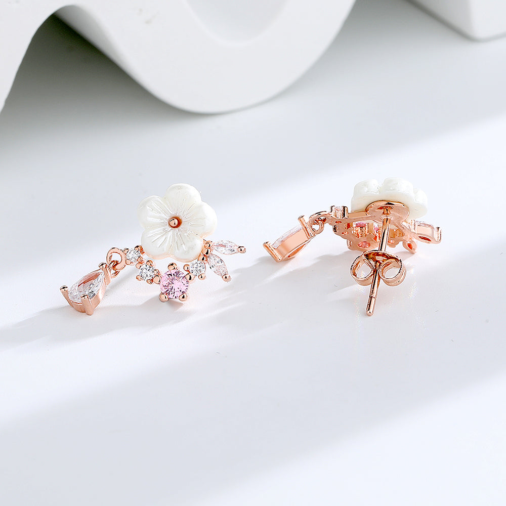 14 K Rose Gold And Sterling Silver and Pink Cat's-Opal Eye Flower Drop Earrings