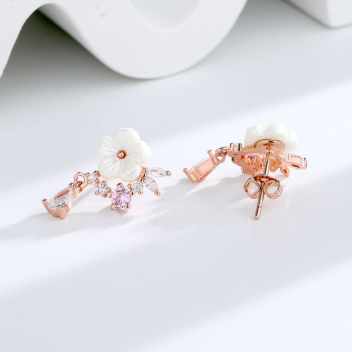 14 K Rose Gold And Sterling Silver and Pink Cat's-Opal Eye Flower Drop Earrings