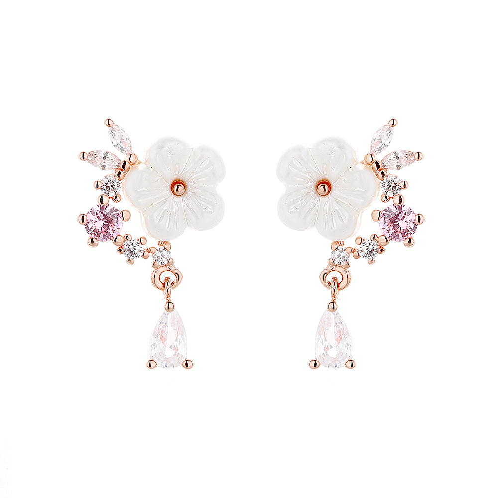 14 K Rose Gold And Sterling Silver and Pink Cat's-Opal Eye Flower Drop Earrings