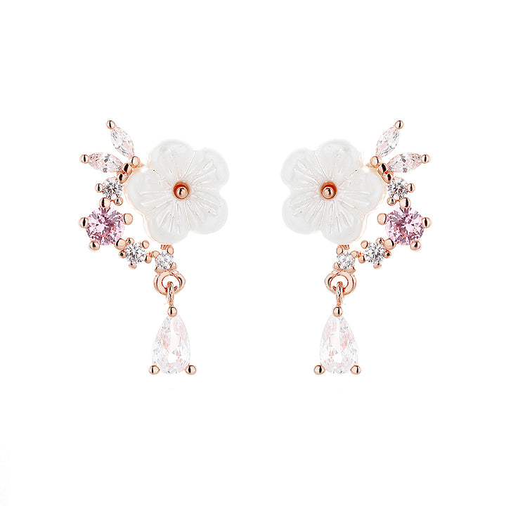 14 K Rose Gold And Sterling Silver and Pink Cat's-Opal Eye Flower Drop Earrings