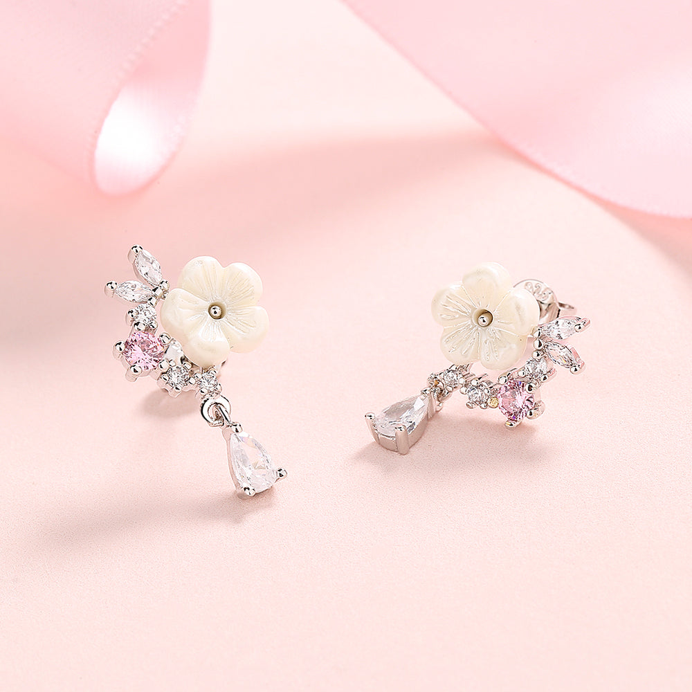 14 K Rose Gold And Sterling Silver and Pink Cat's-Opal Eye Flower Drop Earrings