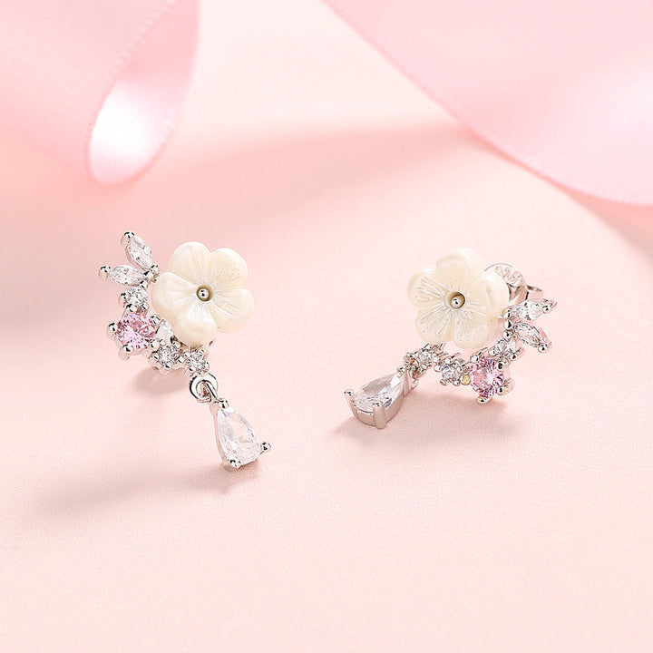 14 K Rose Gold And Sterling Silver and Pink Cat's-Opal Eye Flower Drop Earrings