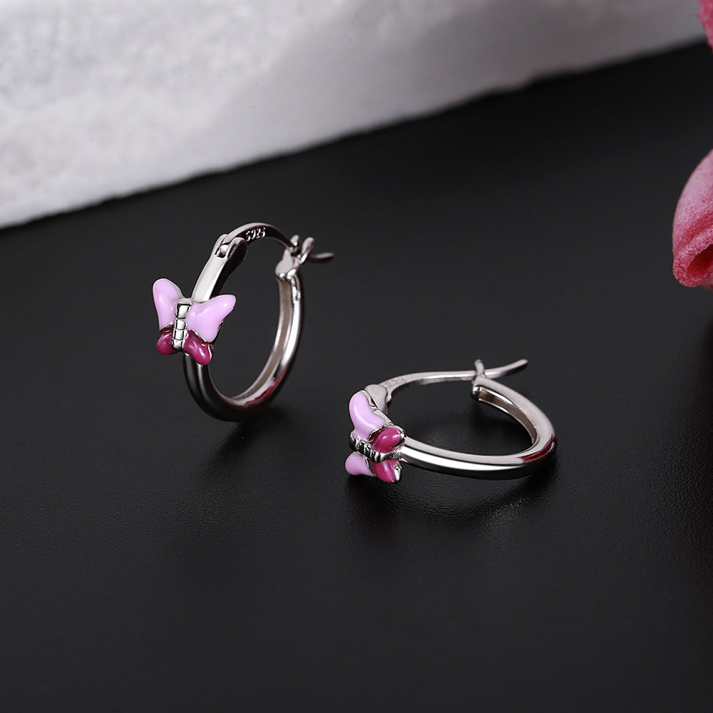 Sterling Silver Pink Lab Opal Butterfly Huggie Hoop Earrings