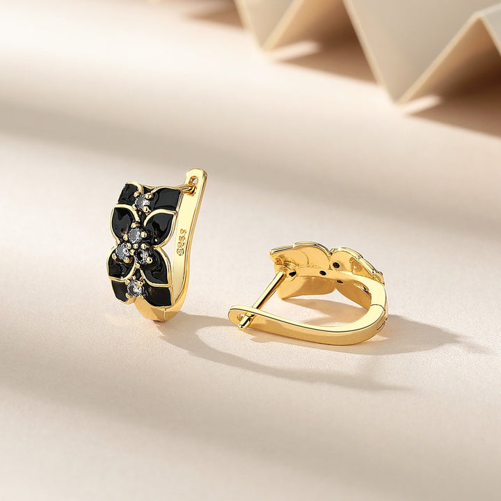 14K Gold and Black Floral Huggie Earring with Simulated Diamond