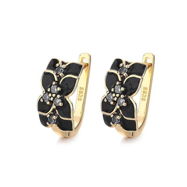 14K Gold and Black Floral Huggie Earring with Simulated Diamond