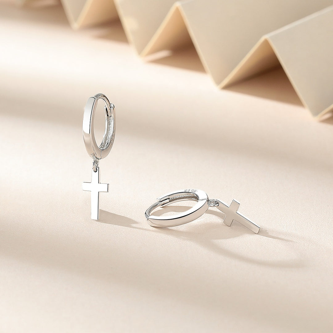 14K Gold Huggie Hoop Cross Drop and Dangle Earring