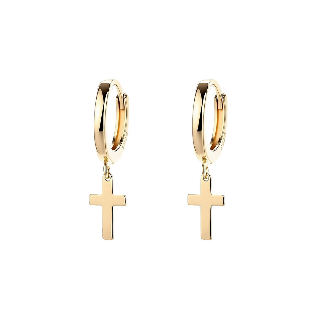 14K Gold Huggie Hoop Cross Drop and Dangle Earring