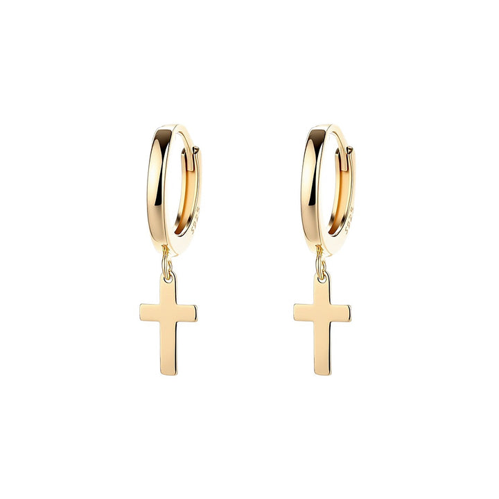 14K Gold Huggie Hoop Cross Drop and Dangle Earring