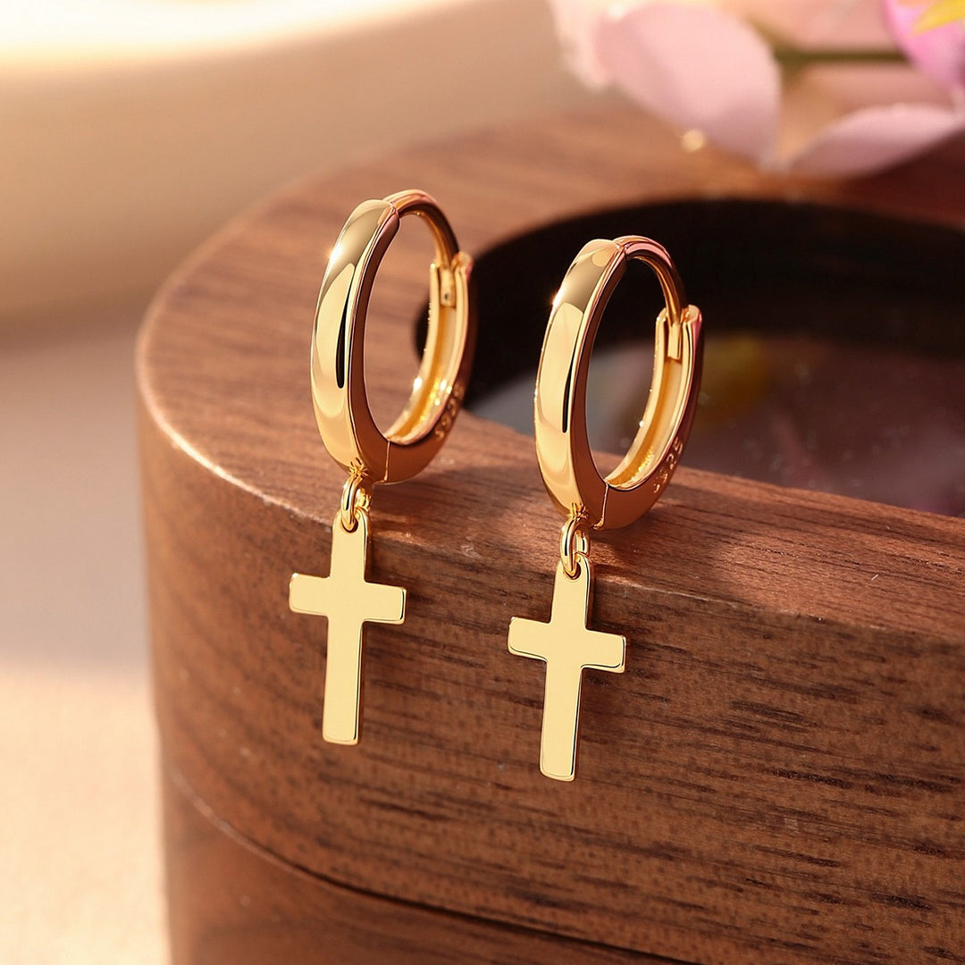 14K Gold Huggie Hoop Cross Drop and Dangle Earring
