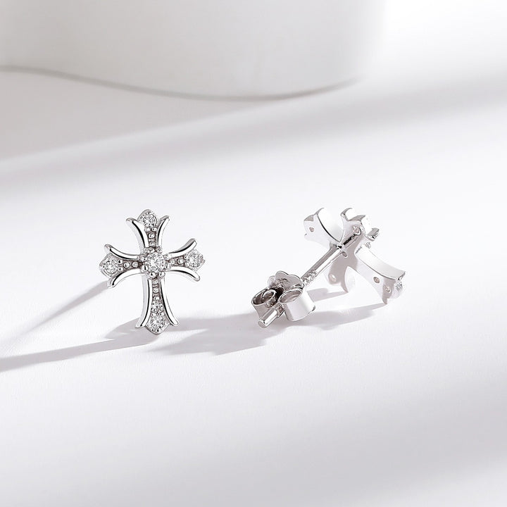 Sterling Silver Vintage Cross Earrings with Simulated Diamonds