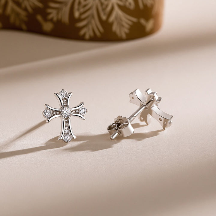 Sterling Silver Vintage Cross Earrings with Simulated Diamonds