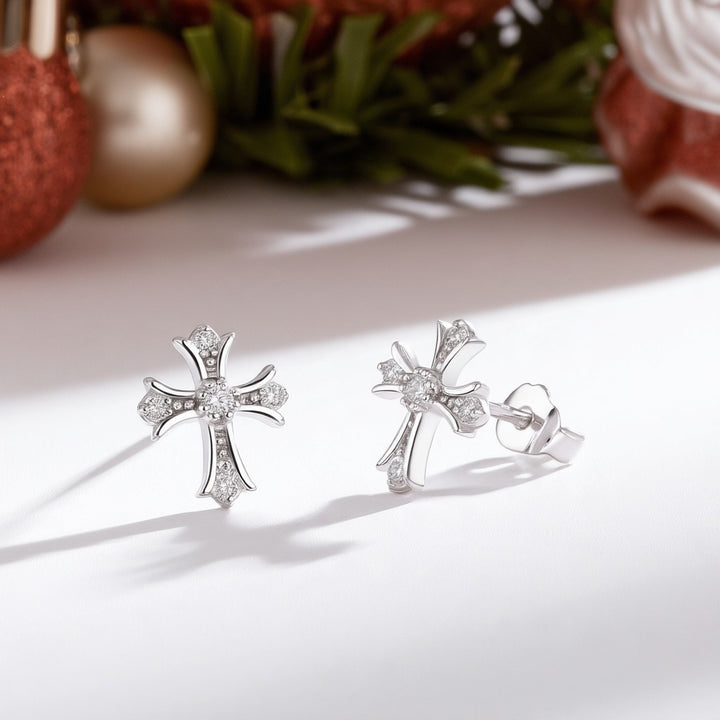 Sterling Silver Vintage Cross Earrings with Simulated Diamonds