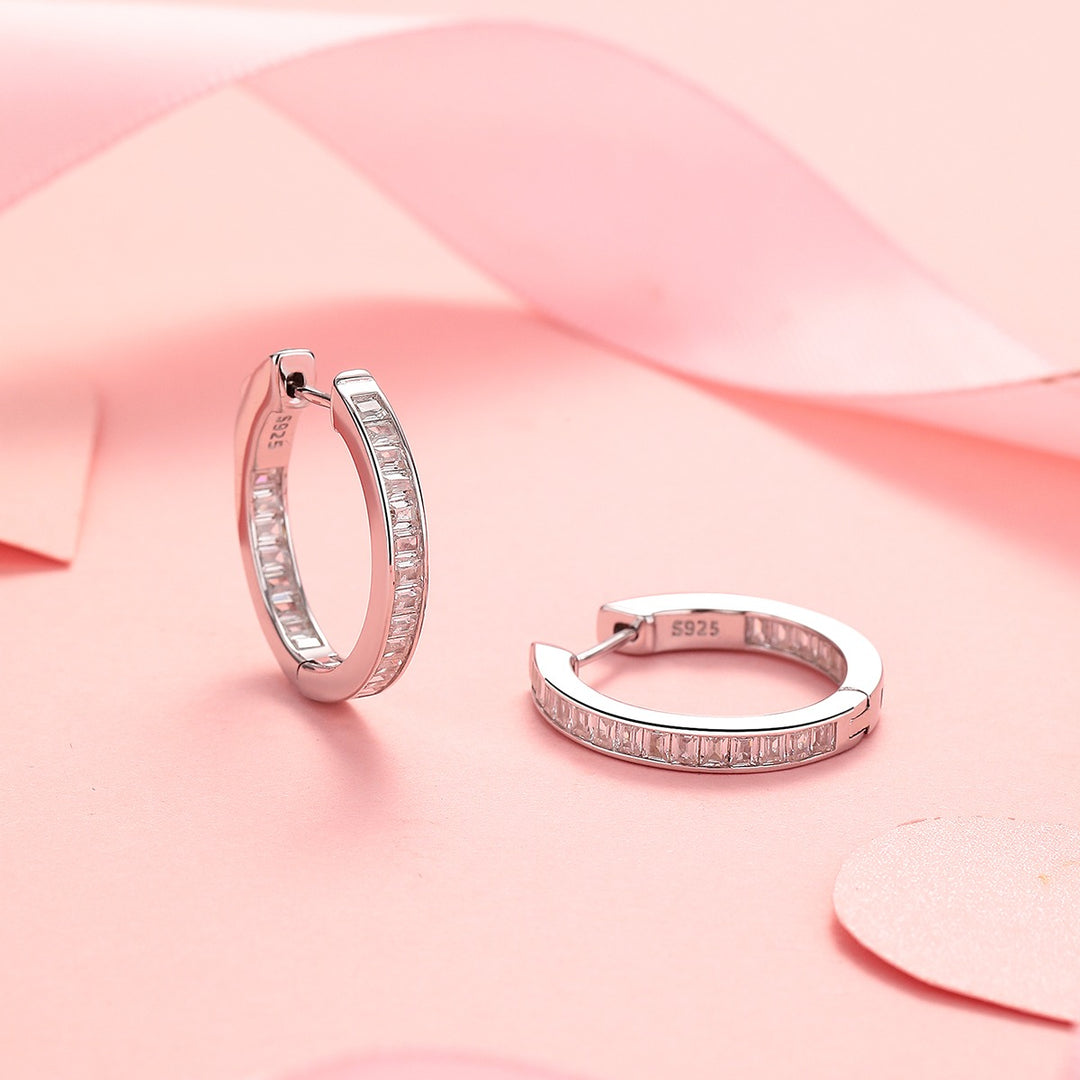 14K Gold Hoop Earring with in and out Emerald-Cut Simulated Diamonds