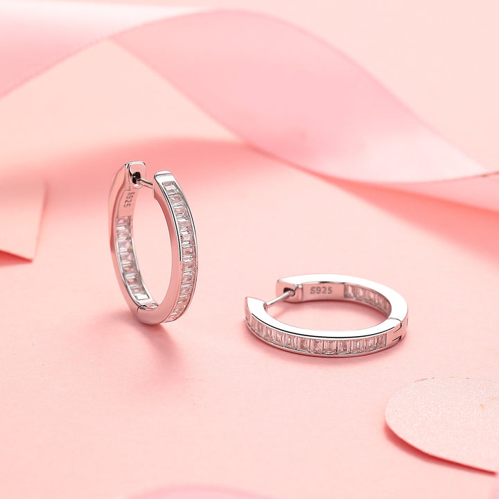 14K Gold Hoop Earring with in and out Emerald-Cut Simulated Diamonds