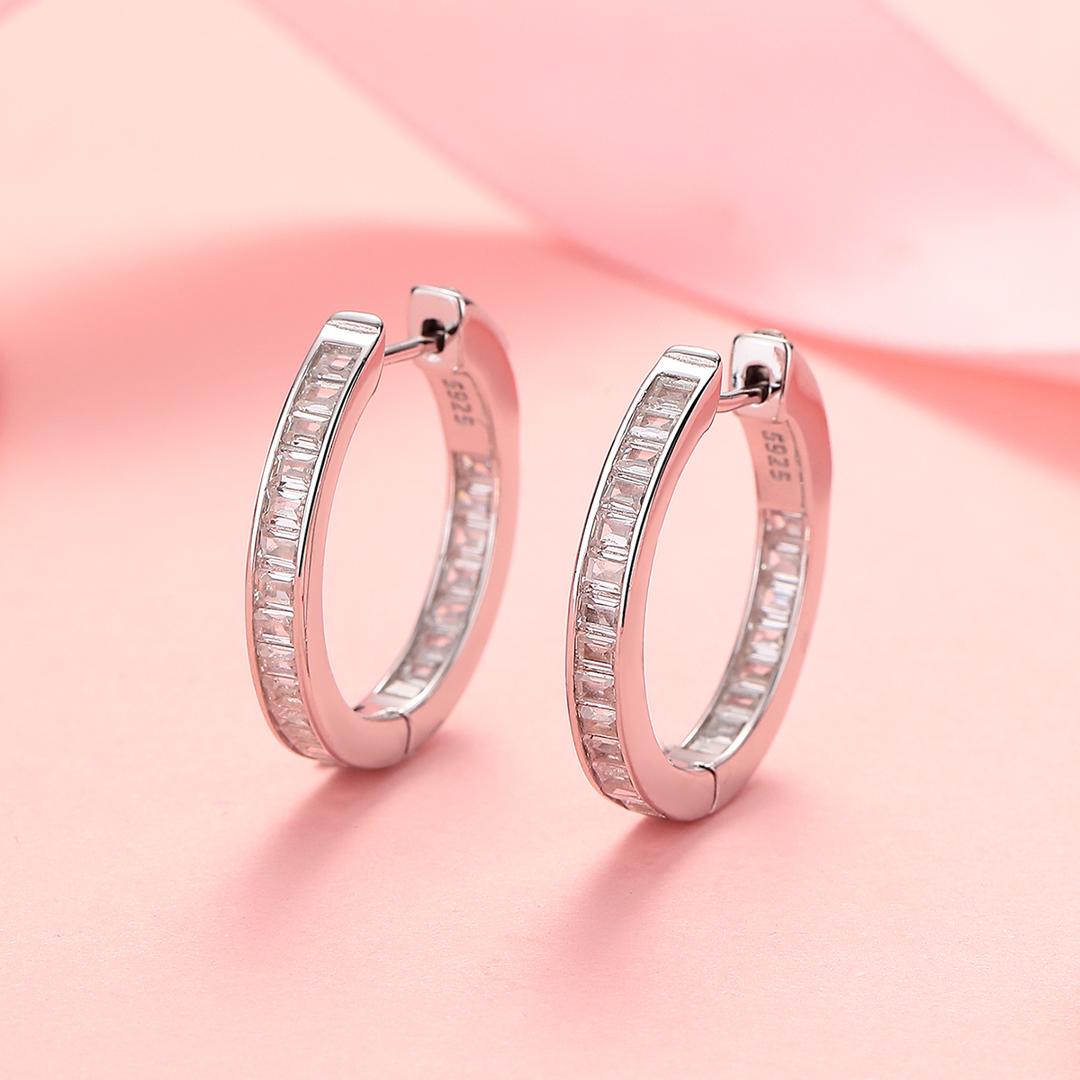 14K Gold Hoop Earring with in and out Emerald-Cut Simulated Diamonds