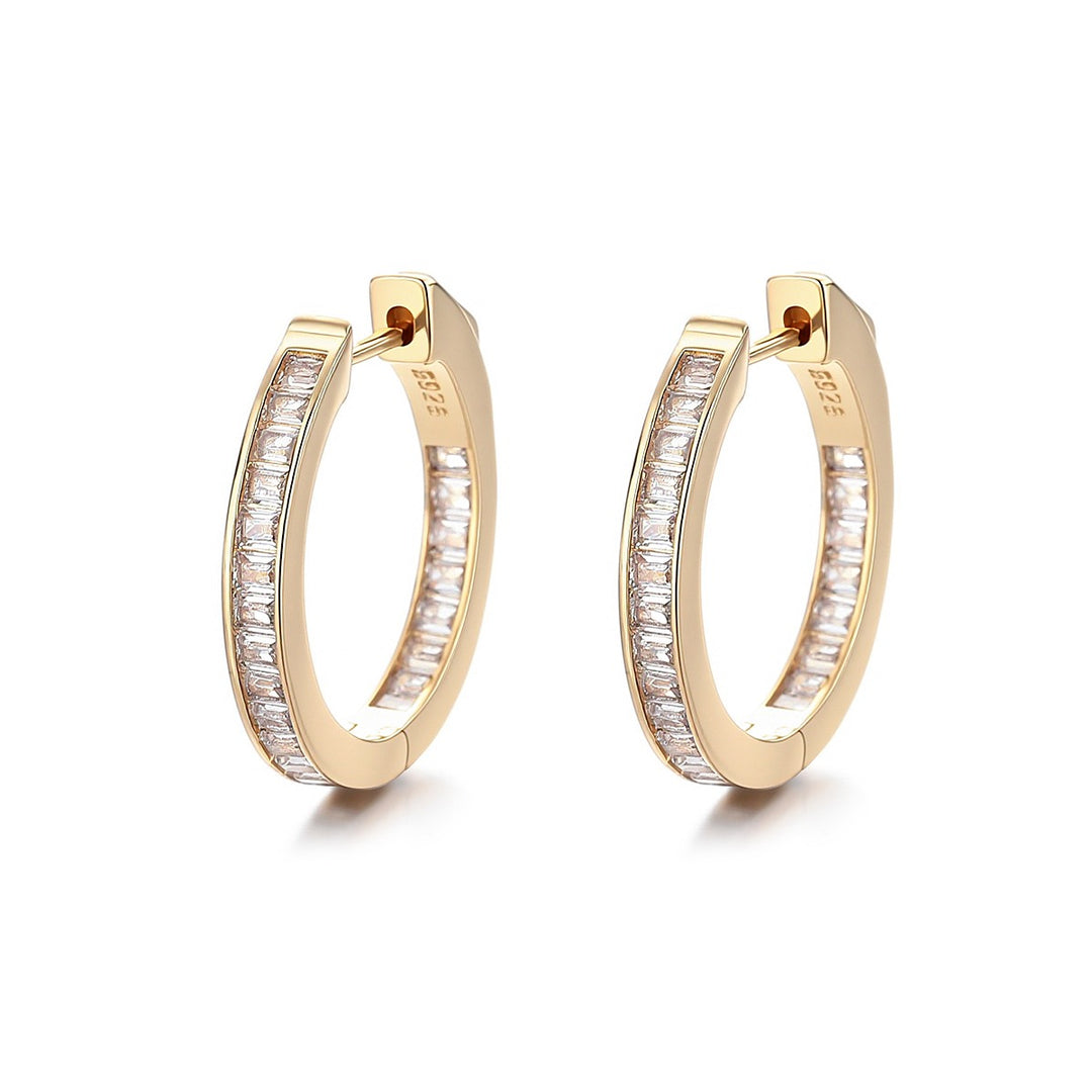 14K Gold Hoop Earring with in and out Emerald-Cut Simulated Diamonds