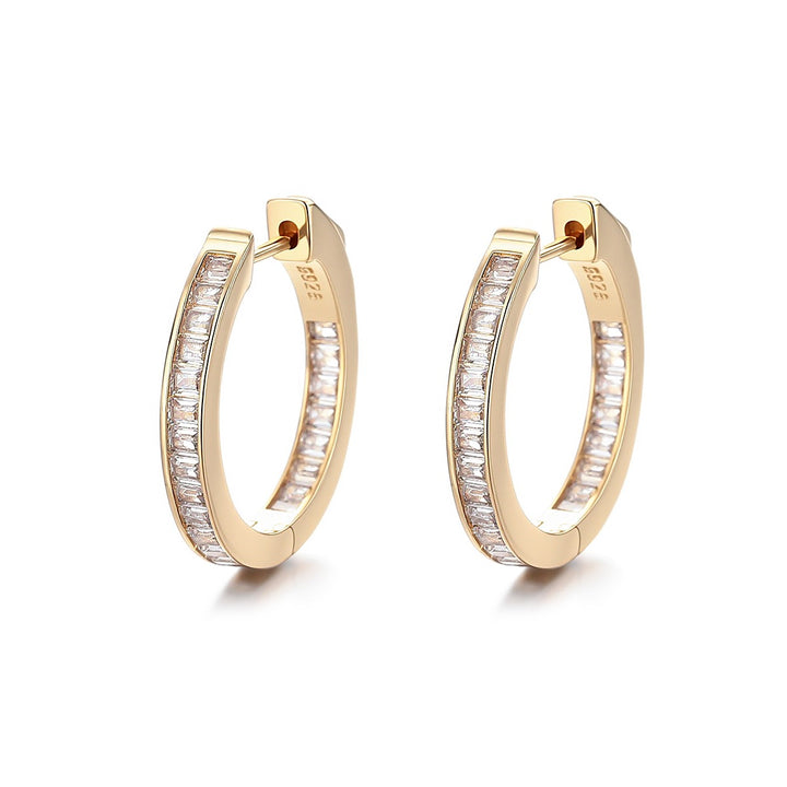 14K Gold Hoop Earring with in and out Emerald-Cut Simulated Diamonds