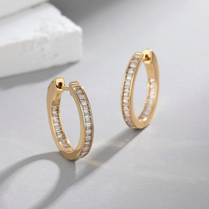 14K Gold Hoop Earring with in and out Emerald-Cut Simulated Diamonds