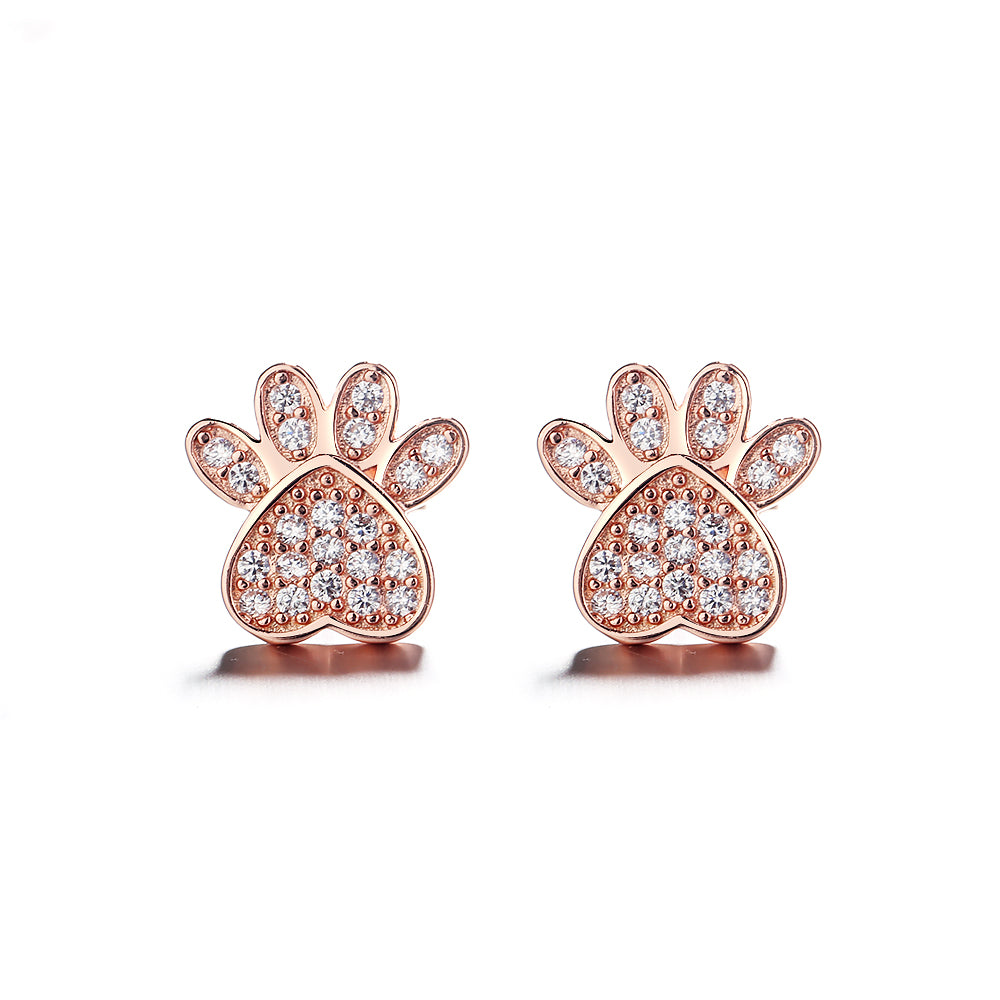 Sterling Silver and 18K Rose Gold Plated Crystal Paw Stud Earrings