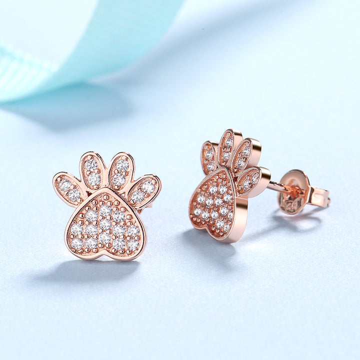 Sterling Silver and 18K Rose Gold Plated Crystal Paw Stud Earrings