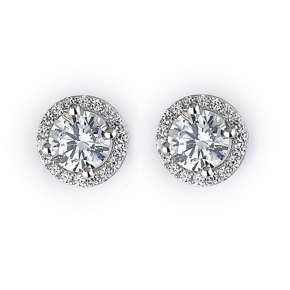Amy and Annette 14K Gold or Sterling Silver Round Halo Earrings with Crystals