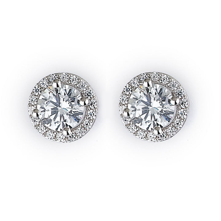Amy and Annette 14K Gold or Sterling Silver Round Halo Earrings with Crystals