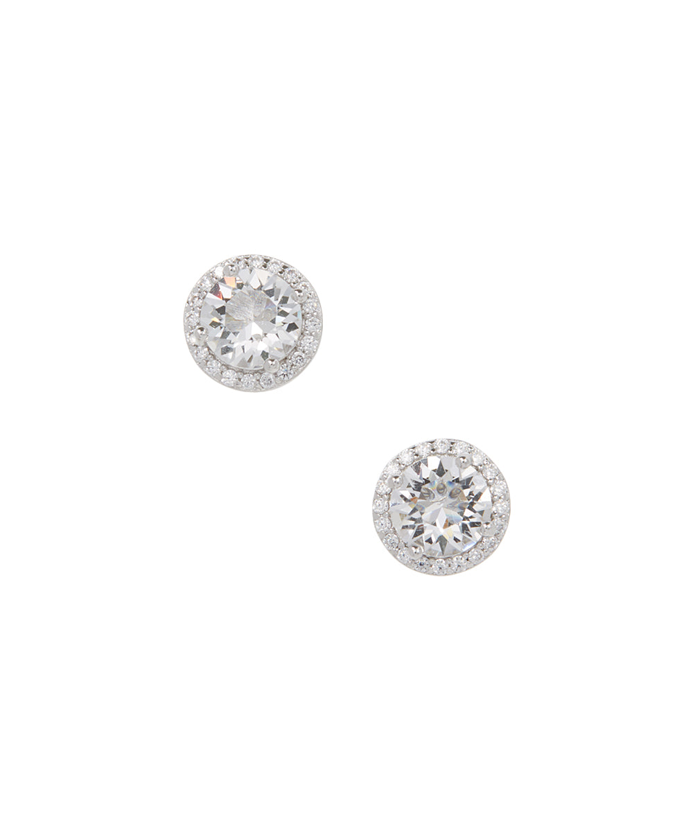 Amy and Annette 14K Gold or Sterling Silver Round Halo Earrings with Crystals