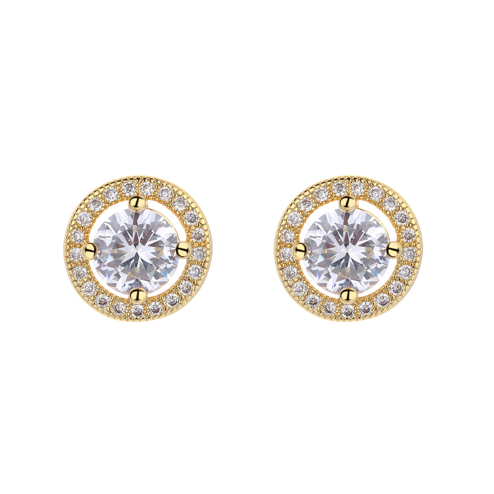 Amy and Annette 14K Gold or Sterling Silver Round Halo Earrings with Crystals