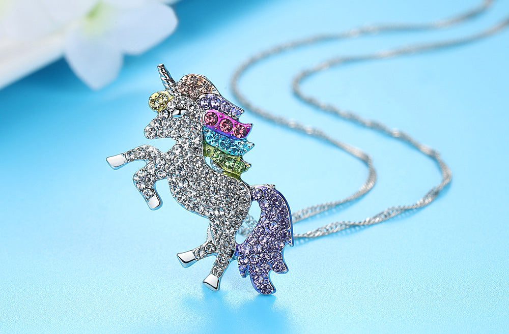 Multi-Colored Crystal Unicorn Pendant & Necklace