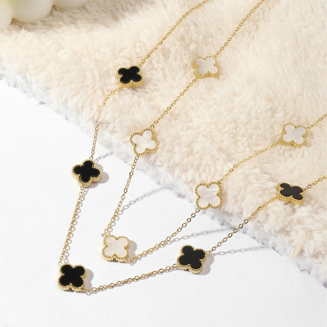 14K Gold Clover Necklace for Women - Flower Four Leaf Clover Bracelet - Mother of Pearl & Onyx Gemstone Lucky Flower Design - Adjustable