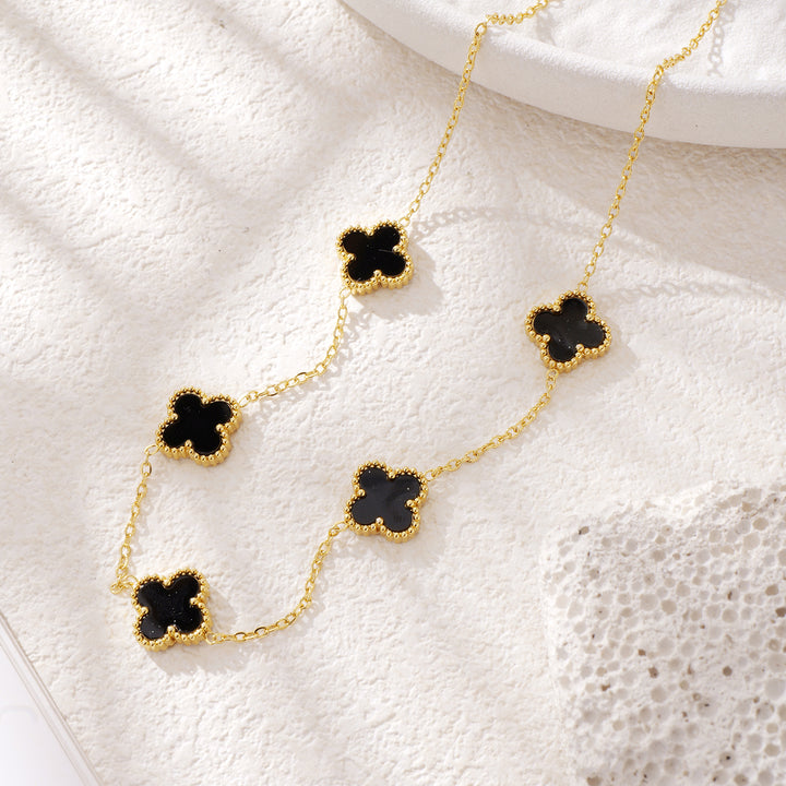 14K Gold Clover Necklace for Women - Flower Four Leaf Clover Bracelet - Mother of Pearl & Onyx Gemstone Lucky Flower Design - Adjustable