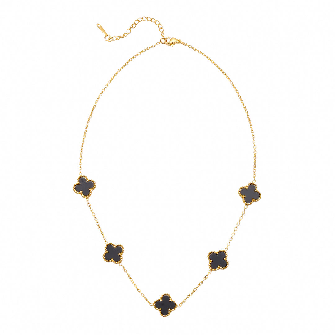 14K Gold Clover Necklace for Women - Flower Four Leaf Clover Bracelet - Mother of Pearl & Onyx Gemstone Lucky Flower Design - Adjustable