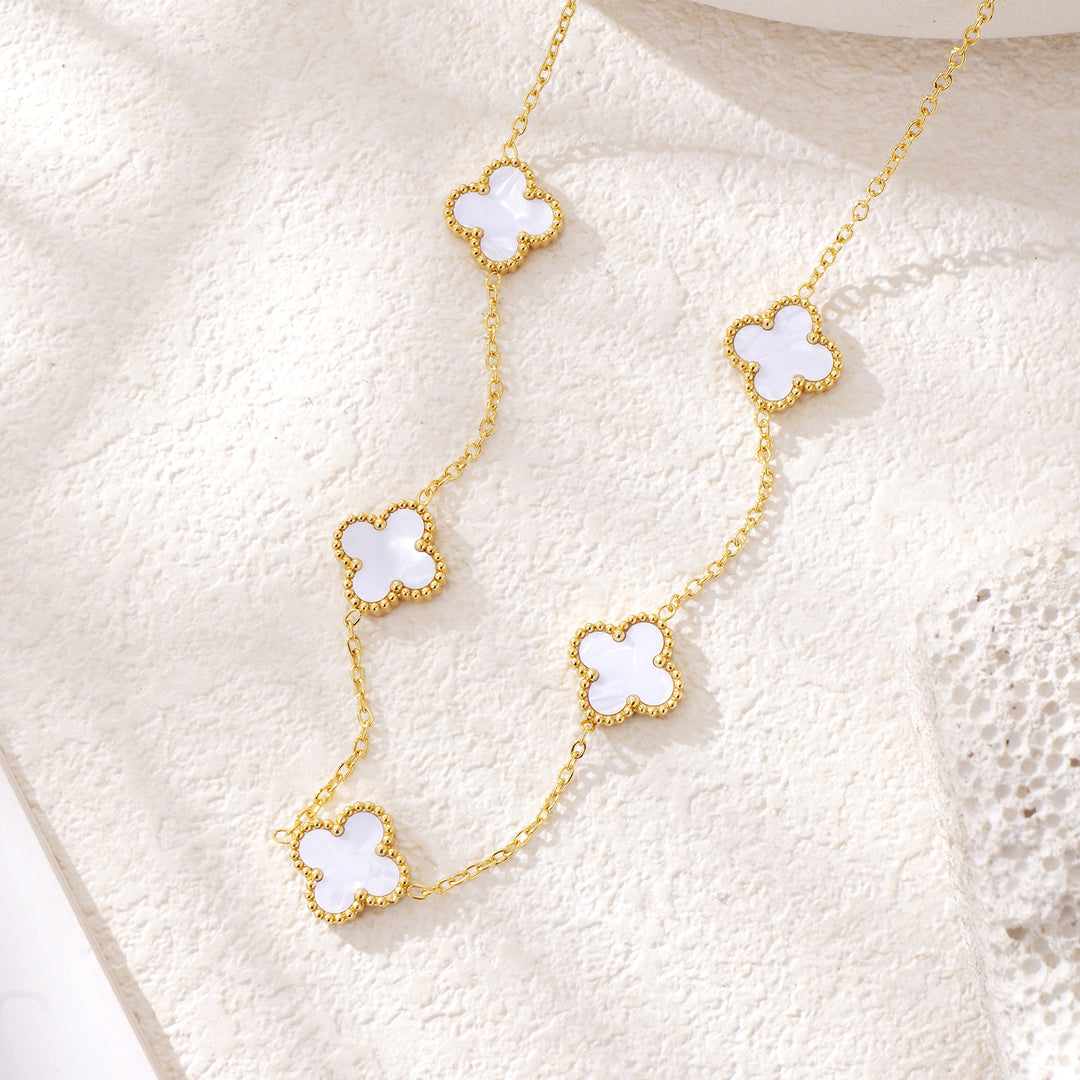 14K Gold Clover Necklace for Women - Flower Four Leaf Clover Bracelet - Mother of Pearl & Onyx Gemstone Lucky Flower Design - Adjustable