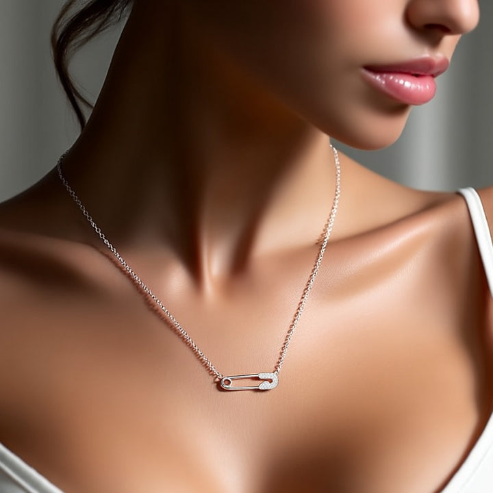 18K White Gold Safety Pin with Crystals Pendant Necklace