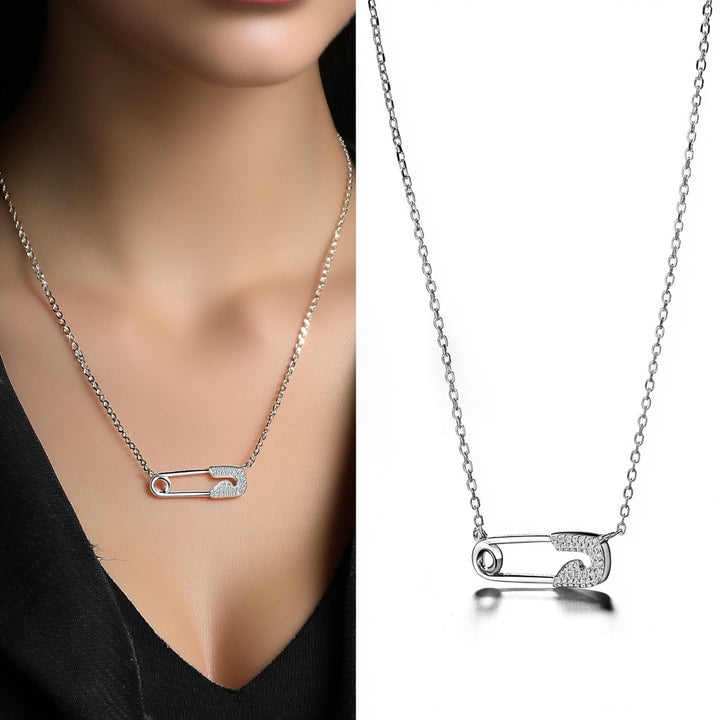 18K White Gold Safety Pin with Crystals Pendant Necklace