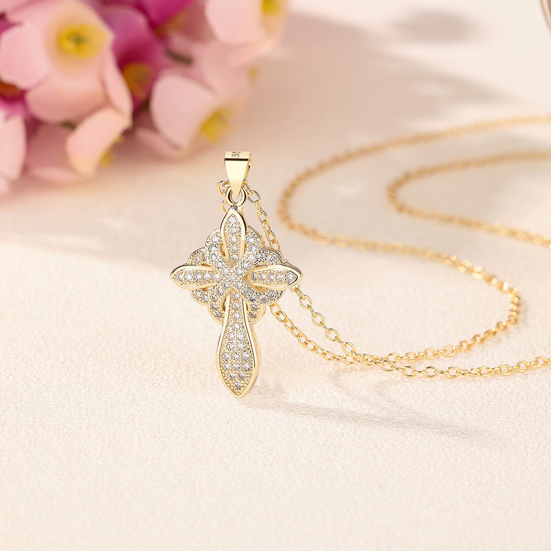 14K Gold And 14K White Gold Studded Cross Pendant Necklace